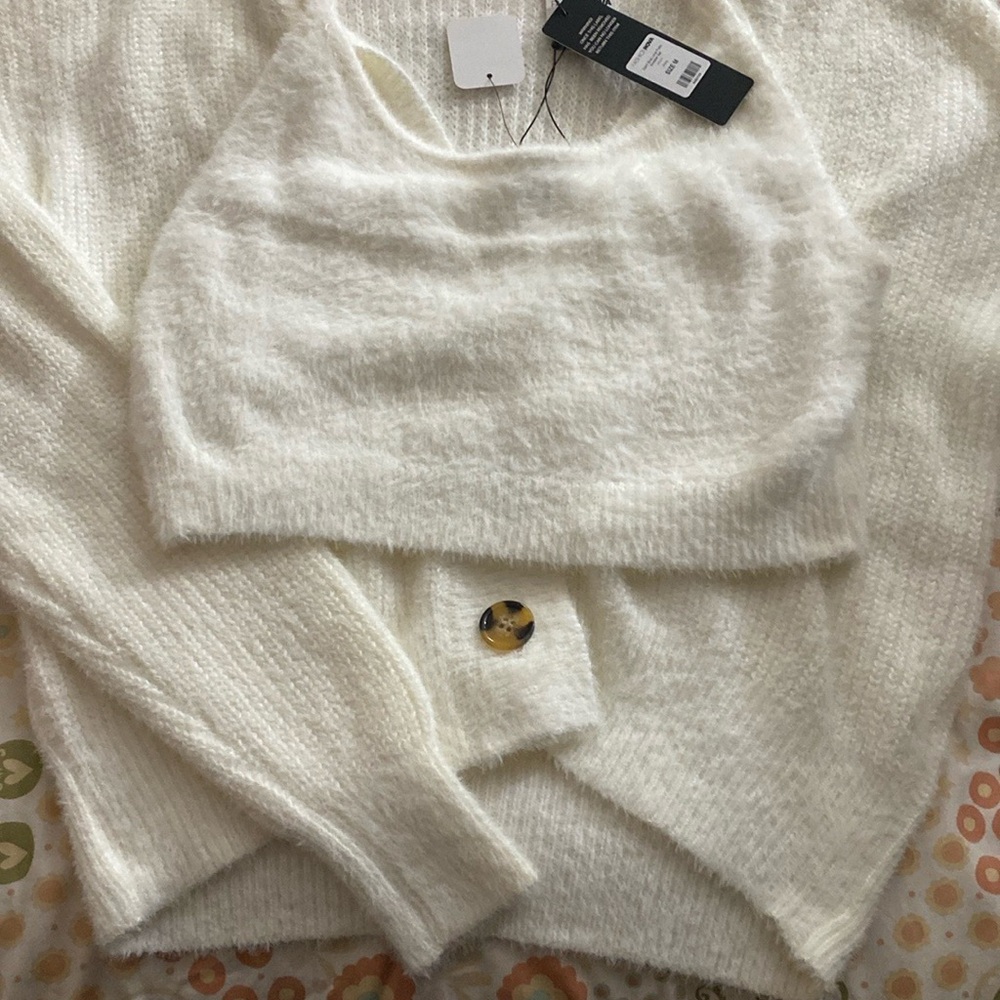 Fashion Nova White Cozy Cardigan Sweater with crop top two set
